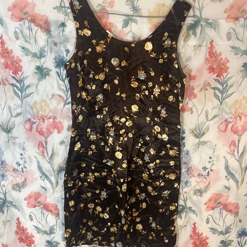 My Michelle Brown Mini Dress with Gold and Blue Floral Embroidery